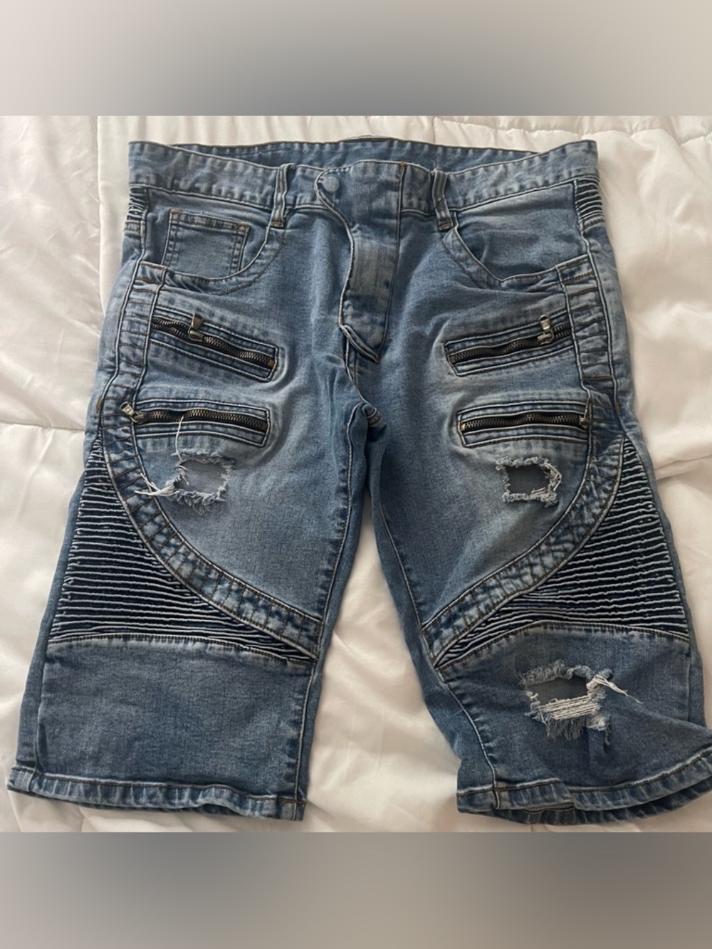Balmain Paris Moto Shorts – Men’s Size 36 – Washed Blue – Luxury Denim Designer